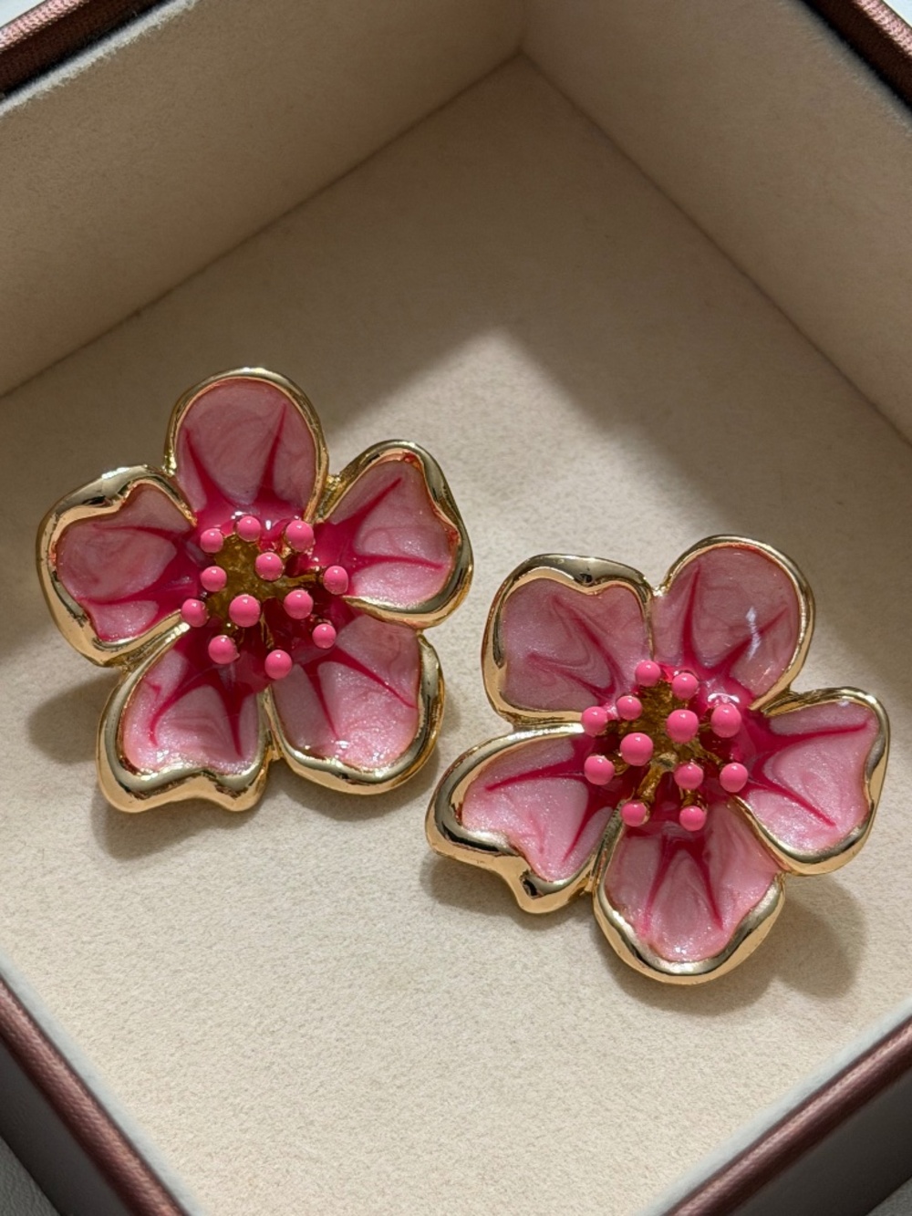 Golden Pink Latte Oil Dripping Flower Enamel Statement Earrings.